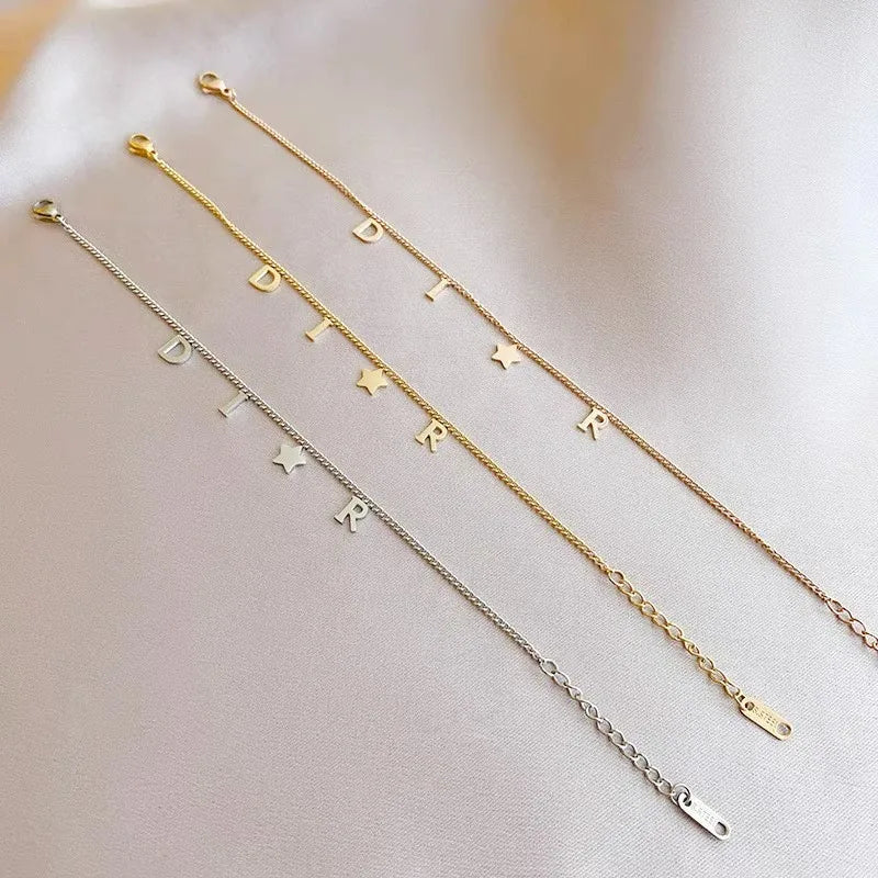 1Pc New Fashion Letter Star Pendant Bracelet for Woman, Simple Vintage Stainless Steel Bracelet Luxury Jewelry Accessories Gifts