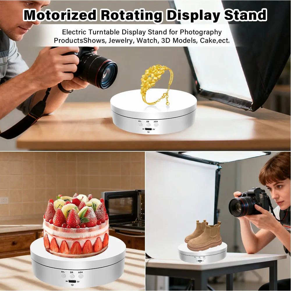 360-degree turntable,electric rotating mirror display stand,USB/battery dual power supply,rotating shooting,three-speed settings