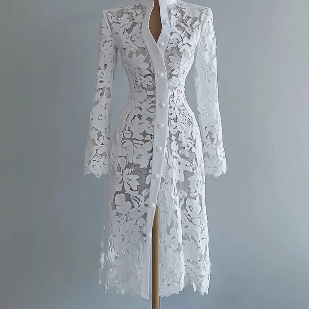 Women's Floral Lace Hollow Out Elegant Dress Solid Single-breasted Turtleneck Autumn Long Sleeve Cardigan Outwear Midi Dresses