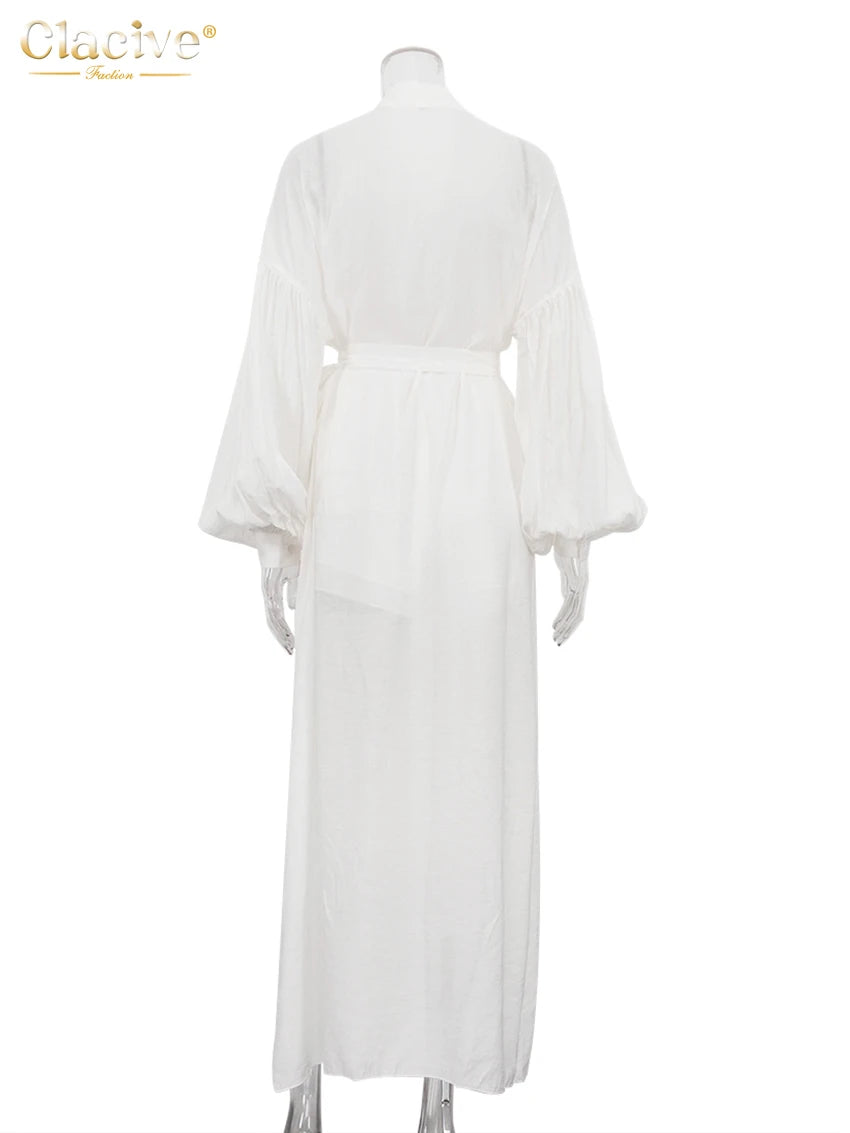 Clacive Casual Loose White 2 Piece Sets Women Outfit 2025 Elegant Long Sleeve Robes With Mid Waist Shorts Set Female Clothing