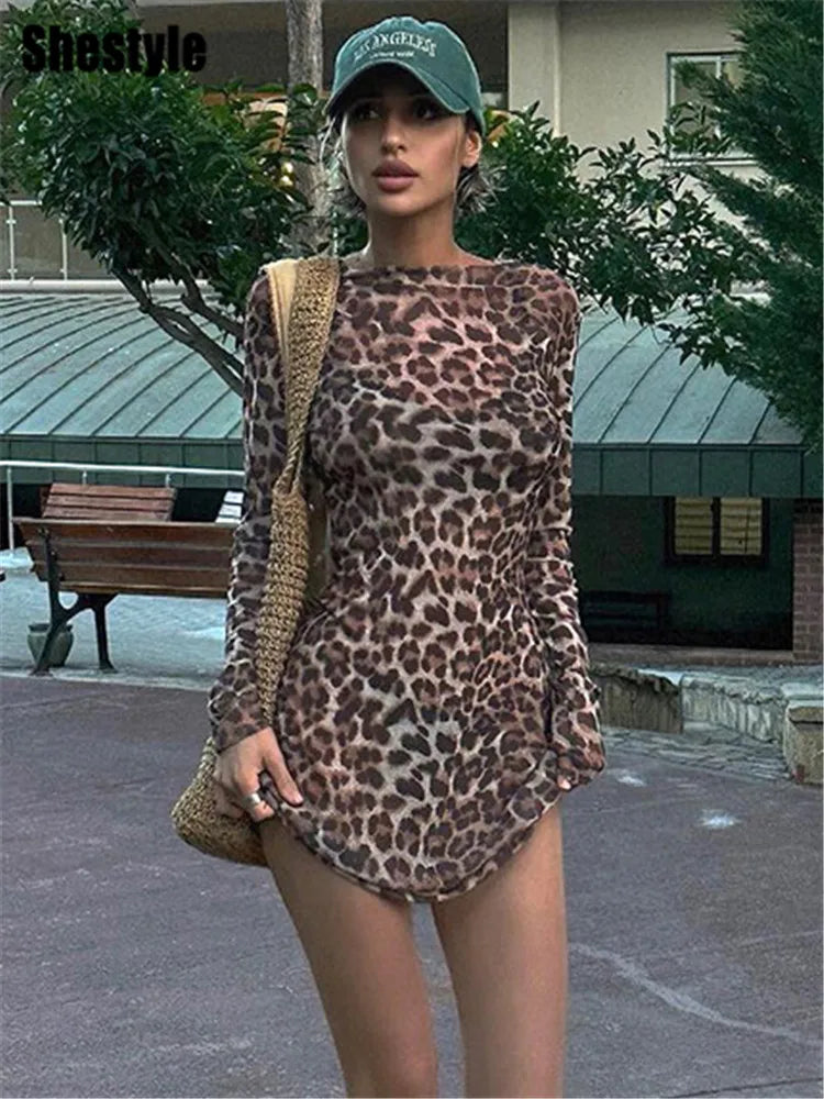 Shestyle Leopard Sexy A-Line Dress Women Two Piece Sets Mesh See Through Fashion Extremely Hot High Street Animal Print Stylish
