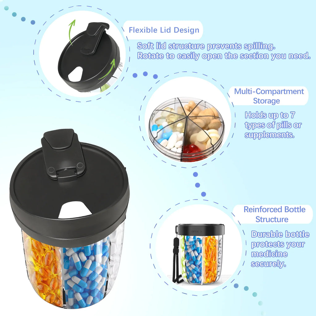 7 Grids Large Pill Box Cases for Travel A Month Pill Organizer Pill Dispenser for Tablets Vitamins Medicine Fish Oils Sub-packed