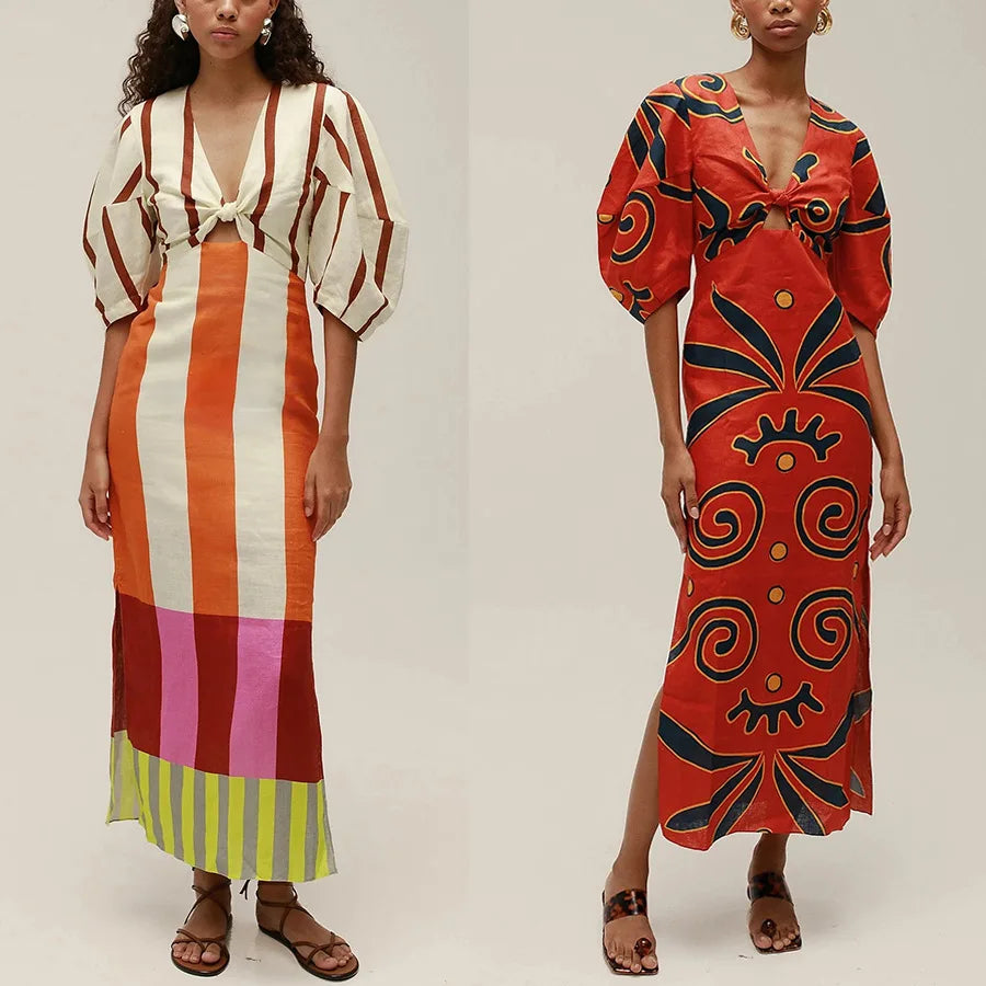 VEITCHE Summer Women Linen Material Long Dresses Fashion Chic Print Sexy V-neck Hollow Out High Waist Party Dress Lady robes