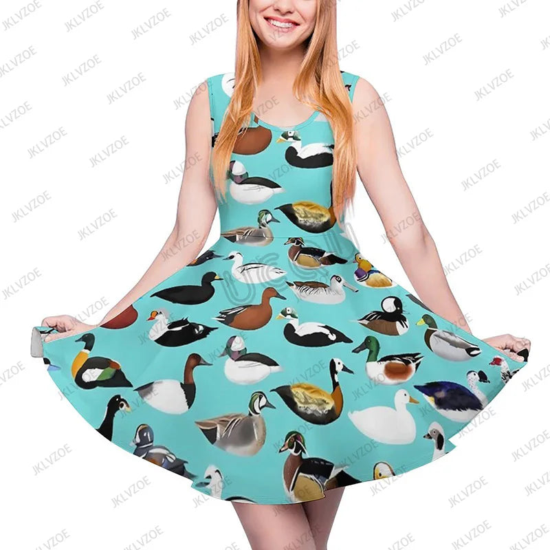 Summer New Fashion Yellow Classic Ducks Graphic Women Sleeveless Dress Kawaii Animal Aesthetic Dresses Female Kawaii Dress