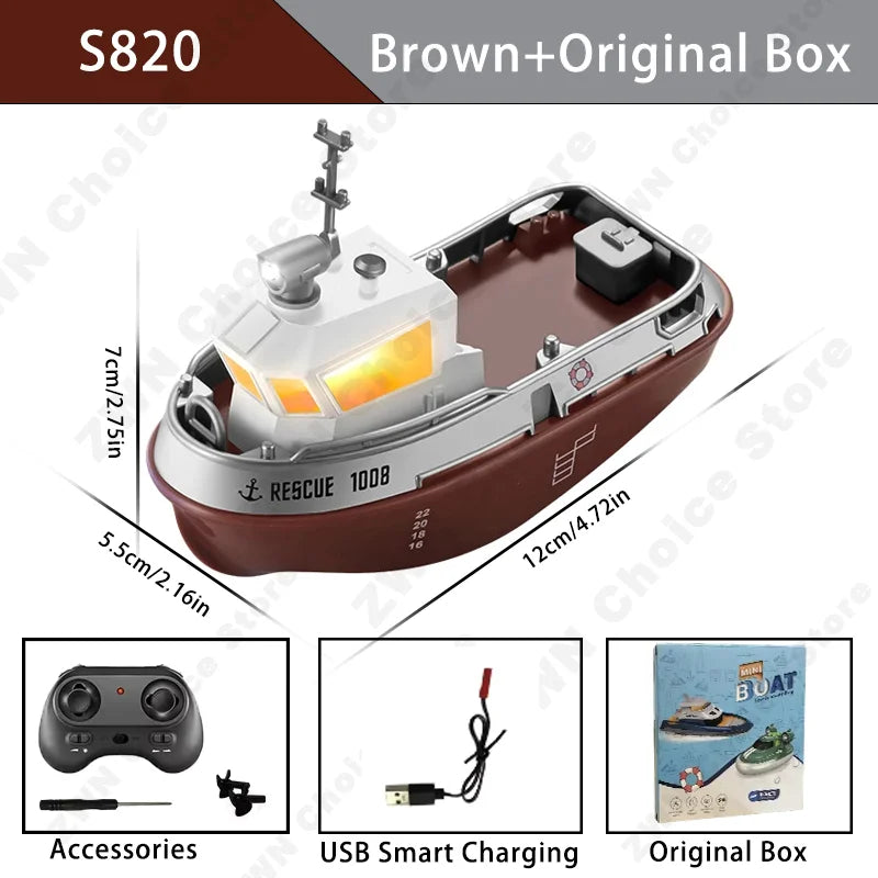 ZWN 1/32 RC Boat With Lights Powerful Dual Motor 2.4G Long Range Wireless Remote Controlled Tugboat Model Toy for Boy Girl Gifts