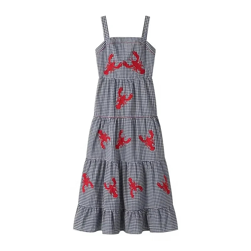 MUJER Plaid Slip Long Dress Woman Embroidery Ruffle Summer Dresses 2025 Sleeveless Beach Holiday Dress Women Casual Midi Dresses
