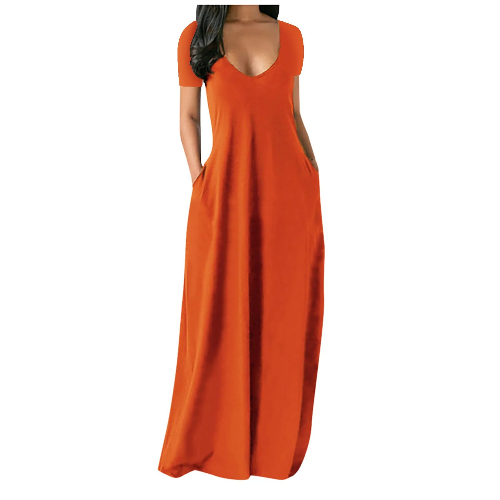 European and American summer cross-border foreign trade new plus size women's solid color dress sexy deep V short sleeved long s