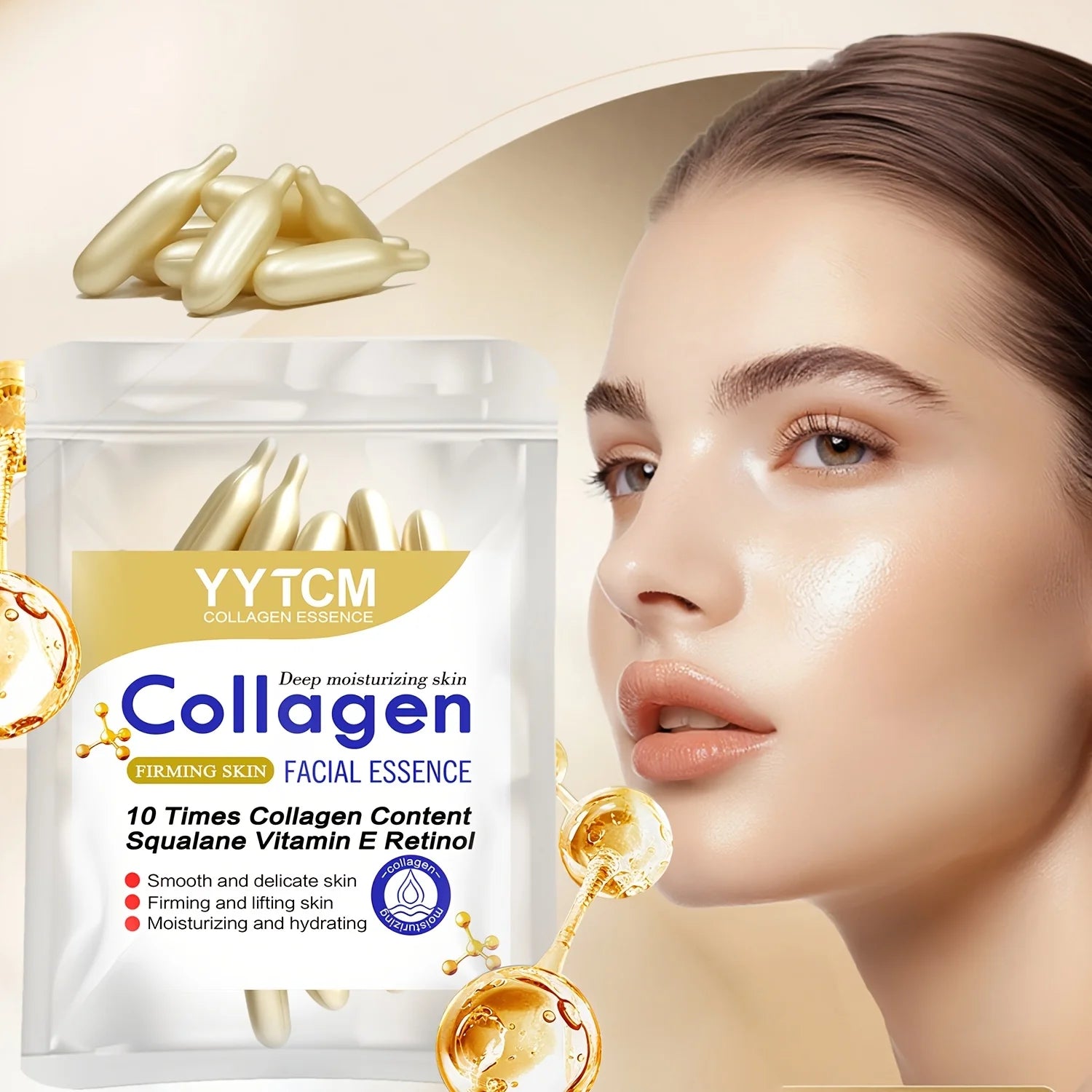 Collagen Firming Capsule Essence, Moisturizing and Smoothing the Skin, Contains Plant-Based Squalane, Retinol, and Vitamin E Deep Hydration Essence (0.4Gx30 Capsules)/Bag-1 Bag