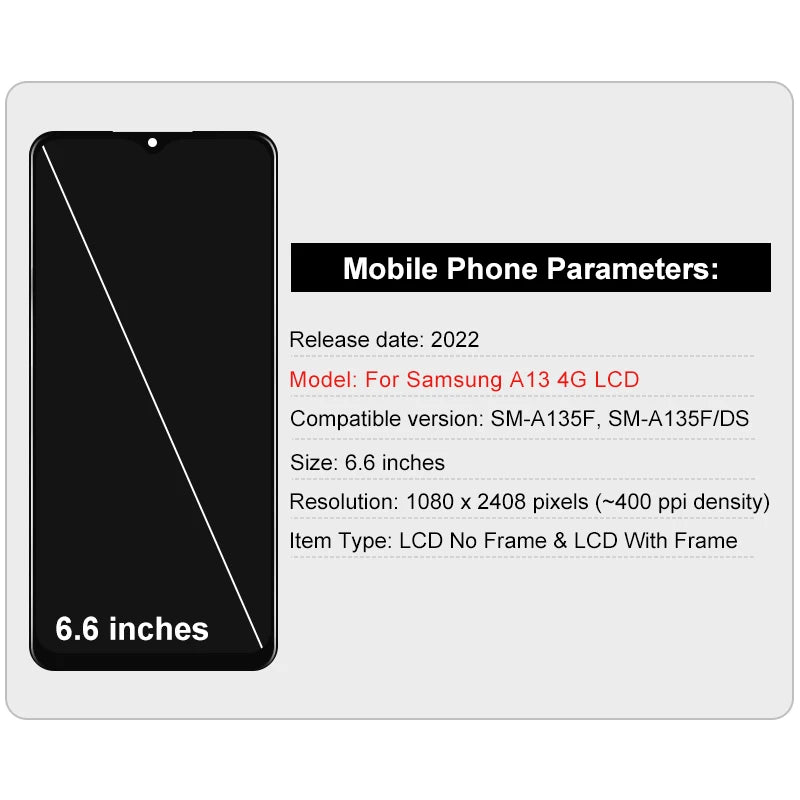 AAA Quality 6.6" IPS LCD For Samsung Galaxy A13 4G LCD A135 Display SM-A135F Touch Screen For SM-A135M SM-A135F/DS Replace Part