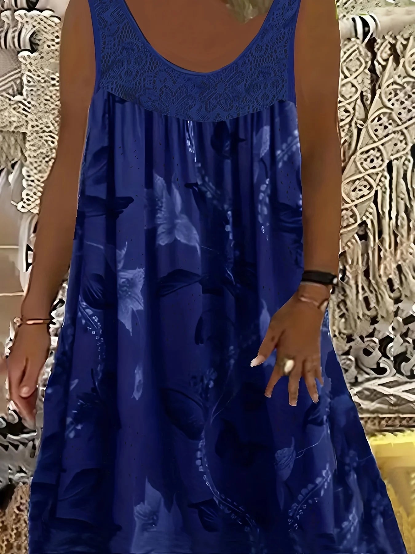 Plus Size 1XL-8XL Women's Lace Panel Printing Ladies Large Hem Tank Beach Dress Fashion Sleeveless Casual Print Dress