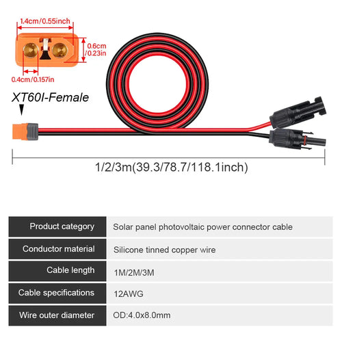1/2/3M Solar Connector to XT60I- F Adapter 12AWG CableConnect Solar Panel Charge Cable for Solar Generator Portable Power Statio