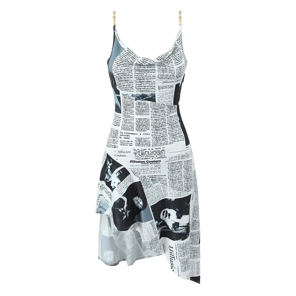 YENKYE New Women Newspaper Letter Print Irregular Hem Sling Dresses Fashion Backless Thin Straps With Chain Summer Sexy Dress