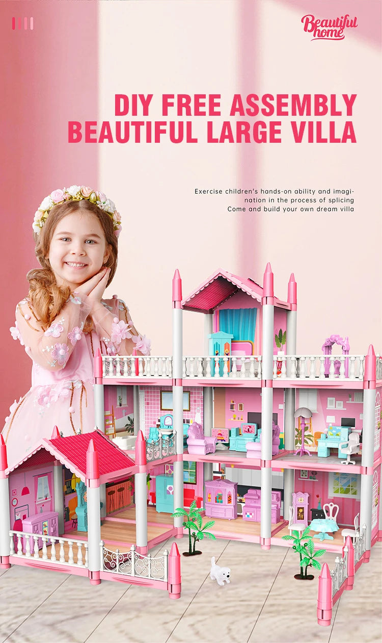 Girl Doll House Toy Children Pretend Play Dollhouse Villa Patchwork Dream Furniture Home Doll House for Kids Christmas Toy Gifts