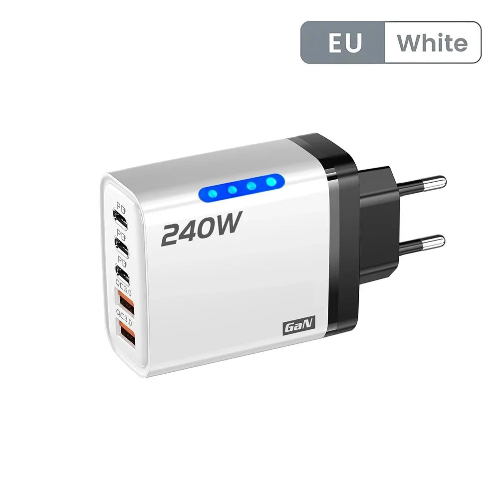 USB C GaN Charger 240W 5 in 1 Fast Charging Phone Charger Power Adapter For iPhone Samsung Xiaomi Type C EU/US Plug Wall Charger