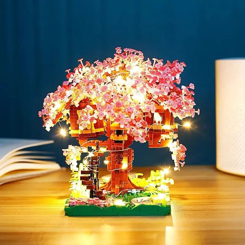 Cherry Bonsai Tree Building Blocks Set DIY Sakura Blossom Plants Bricks with Light Treehouse Model Romantic Gift for Girlfriend