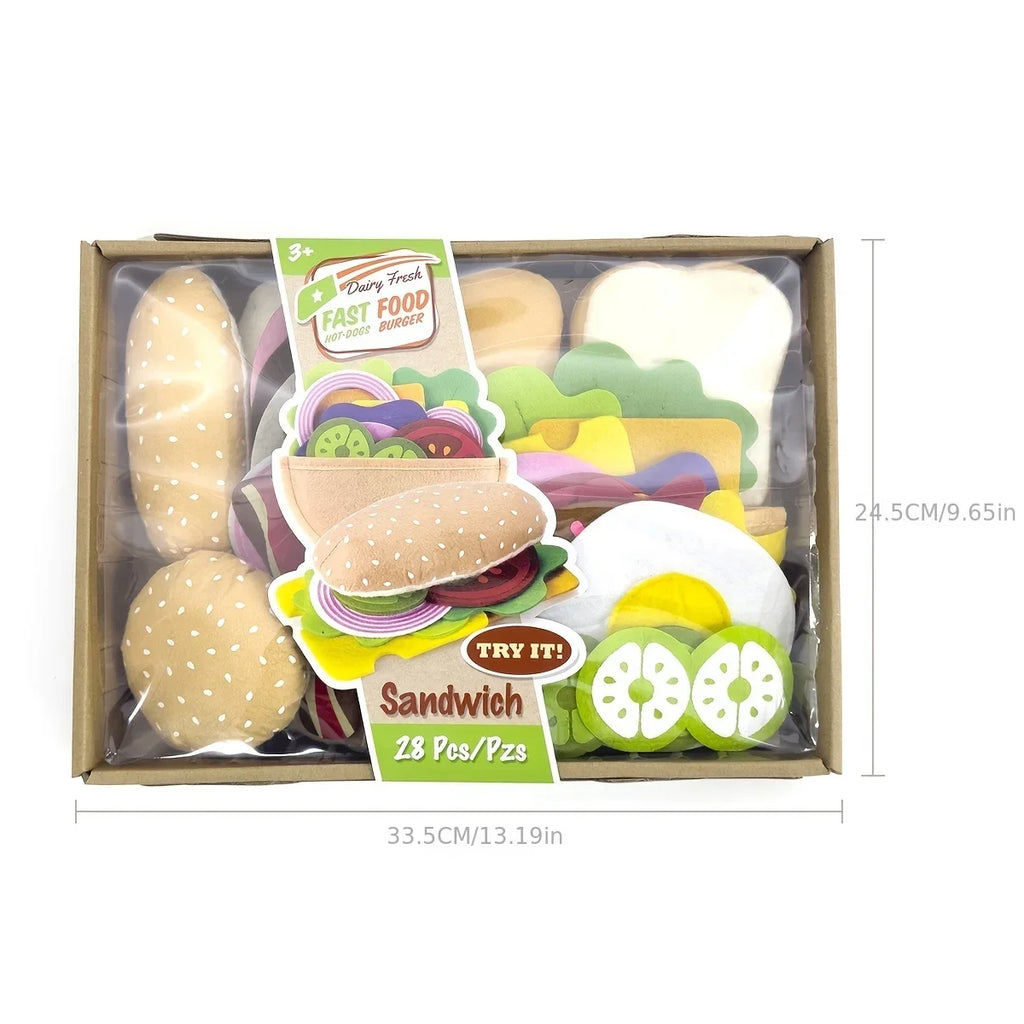 28PCS Felt Food Burger Sandwich Food Set Children Pretend to Play Food Sandwich Toys Children's Kitchen Role Playing Gifts