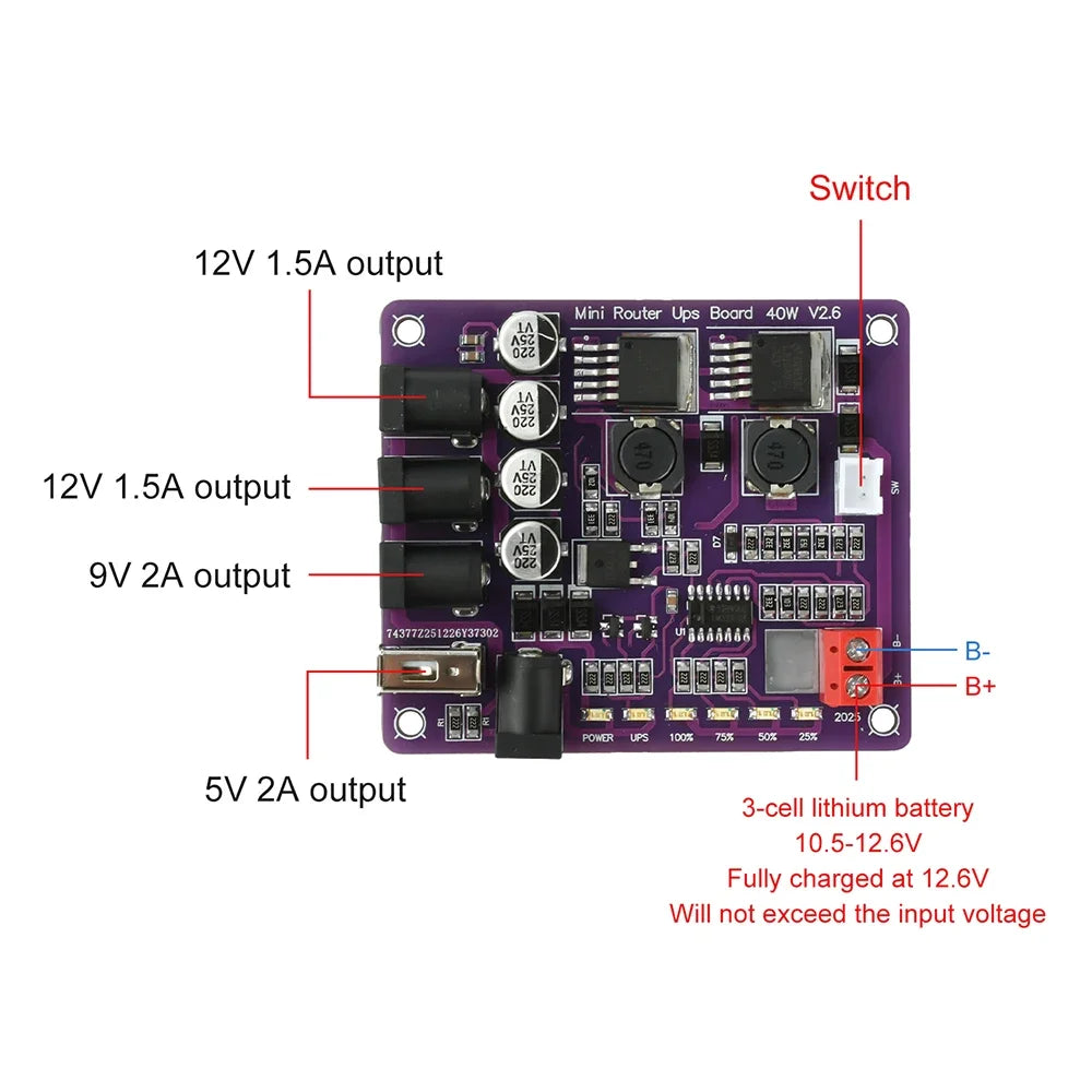 Mini Router UPS Uninterruptible Power Supply Board 40W 11.1V Battery Charging Board 4-Channel Power Module Output USB DC Port