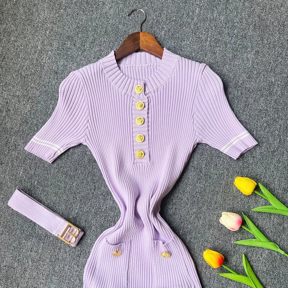 YuooMuoo 2025 Autumn Winter Women Knitted Dress Brand Fashion O-neck Buttons Bodycon Sweater Dress with Belt Lady Office Dress