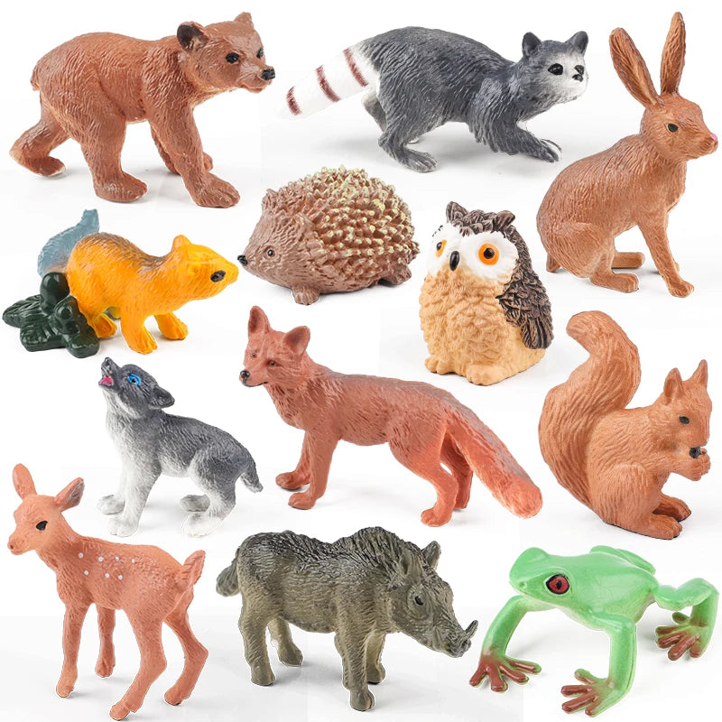 Oenux Mini Wild Wild Forest Animals Insect Dinosaur Model Owl Fox Squirrel Hedgehog Fox Frog Figurines Cake Toppers Kid Toy Gift