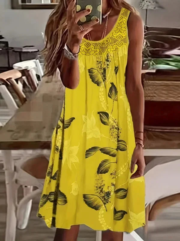 Plus Size 1XL-8XL Women's Lace Panel Printing Ladies Large Hem Tank Beach Dress Fashion Sleeveless Casual Print Dress