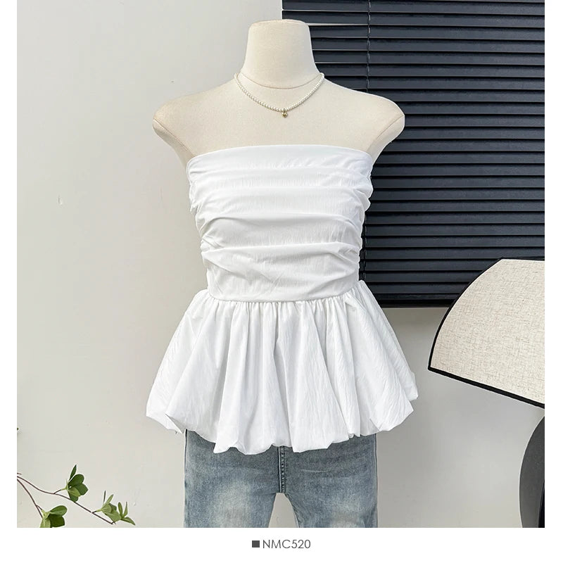 Sexy pleated ruffle Camis Chic  tube top Slim Korean Tanks Top Elegant  off shoulder Crop Top Summer Women Bustier