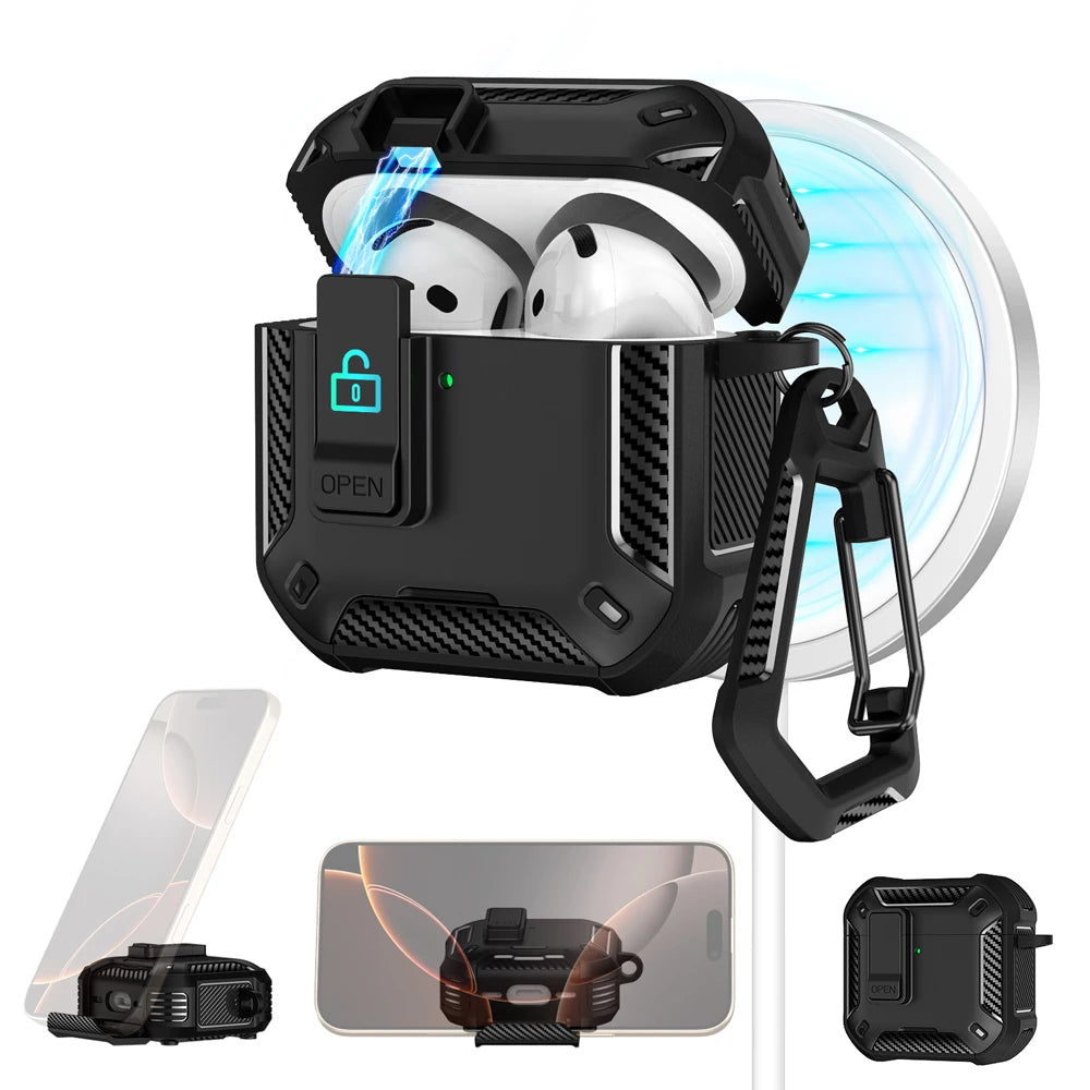 Magnetic Automatic Switch Earphone Cover For Airpods Pro 2 4 ANC Case Full Body Protection Shockproof With Hook Phone Holder Box