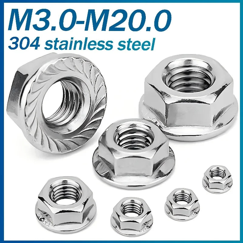 50 Pieces M3 M4 M5 M6 M8 M10 M12 M16 M20 304 Stainless steel Hexagon Hex Head Serrated Spinlock Lock Flange Nuts DIN6923