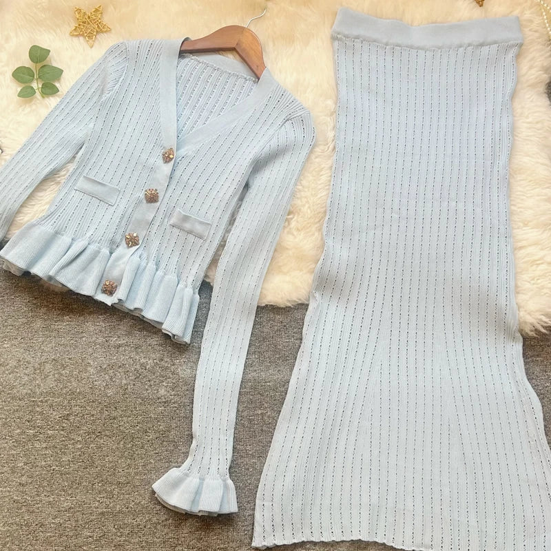 YuooMuoo Brand Fashion One-piece Knitted Maxi Dress Women Elegant V-neck Ruffled Slim Waist Bodycon Sweater Dress Party Vestido