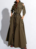 Summer Dress for Women 2026 Retro Turn-down Collar Cold Shoulder Half Sleeve Zipper Belt Pockets Split High Waist Maxi Dresses