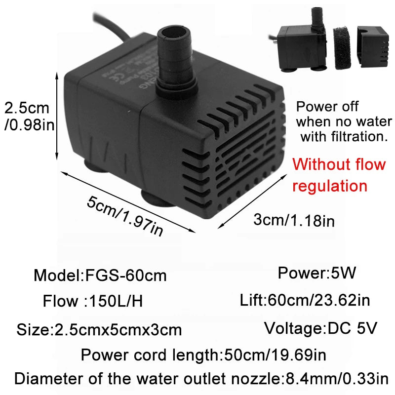 Ultra Quiet USB Aquarium Fish Tank Filtration Pump Mini Pet Fountain Submersible Adjustable Flow Water Circulation Pump 5V 5W