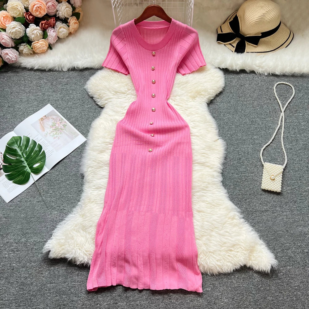 YuooMuoo 2026 Summer Women Knitted Long Dress Brand Fashion O-neck Buttons Bodycon Sweater Dress Elegant Lady Office Vestidos