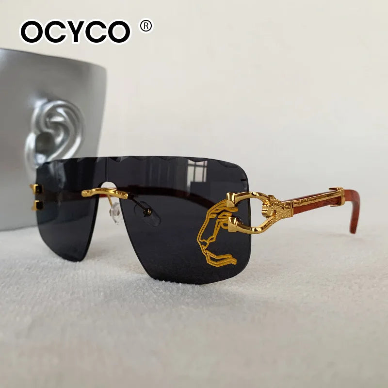 Trend Golden Lion Decoration Rimless Sunglass for Men Luxury Brand Designer Vintage Square Eyewear UV400 Outdoor Cycling Shades