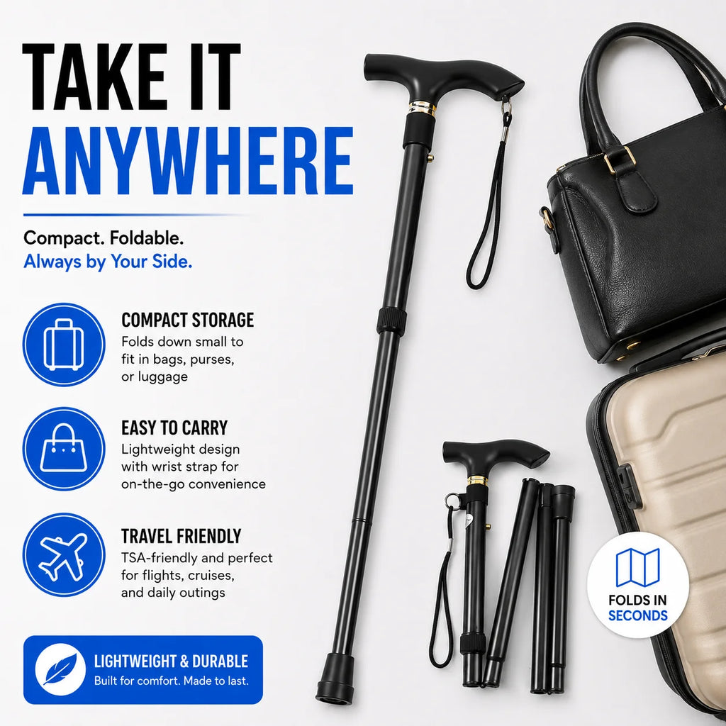 Foldable Walking Cane Adjustable Lightweight Aluminum Travel Cane T Handle Anti Slip Rubber Tip Portable Stick Senior Travel Aid