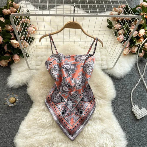 Women Sexy Backless asymmetrical lace-up Camis Print Tank Top Chic One-piece Corset Bustier Summer Beach vacation Crop Top
