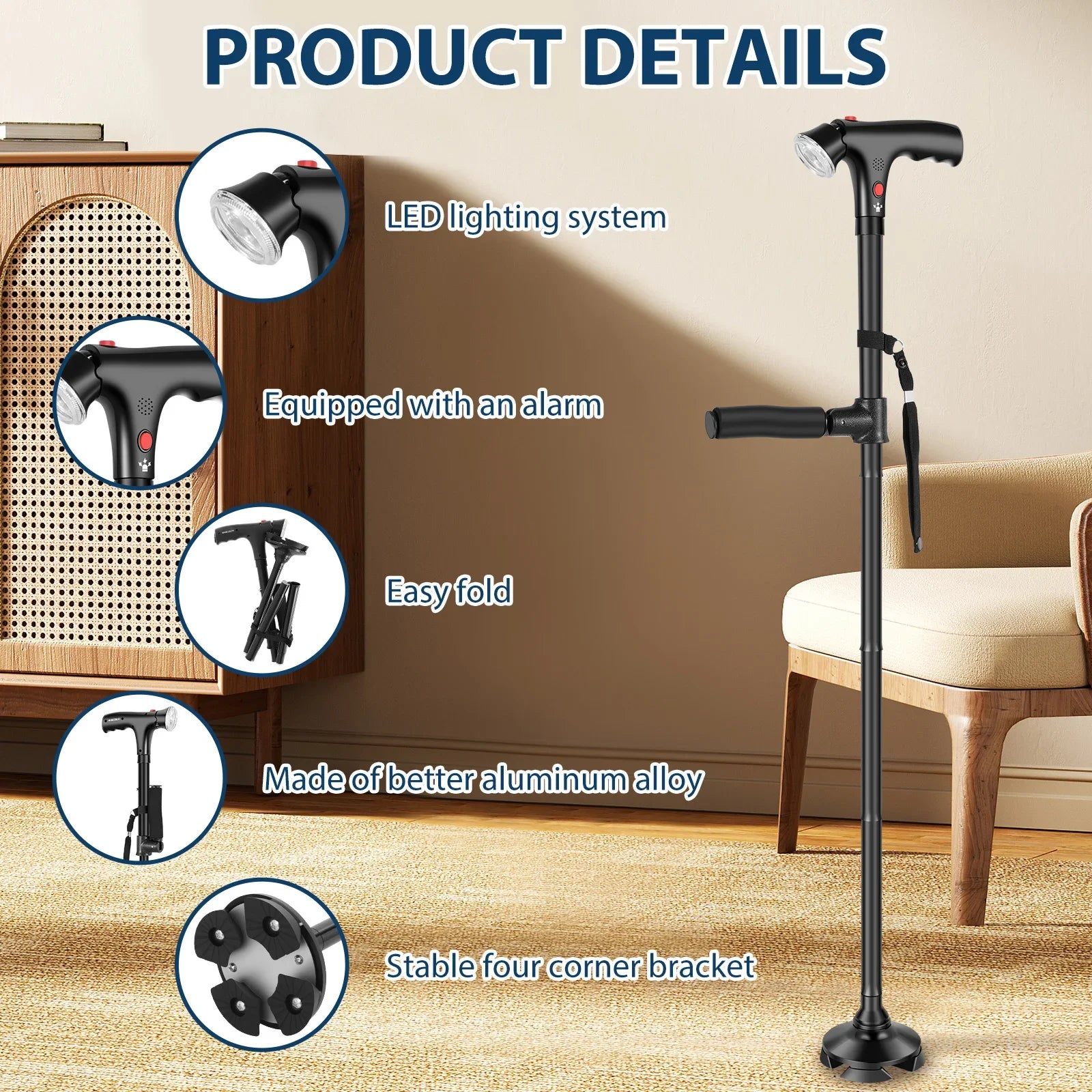Folding Cane Elder Crutches With LED Light Four-legged Anti Slip Aluminum Alloy Telescopic Walking Cane Flashlight SOS Alarm