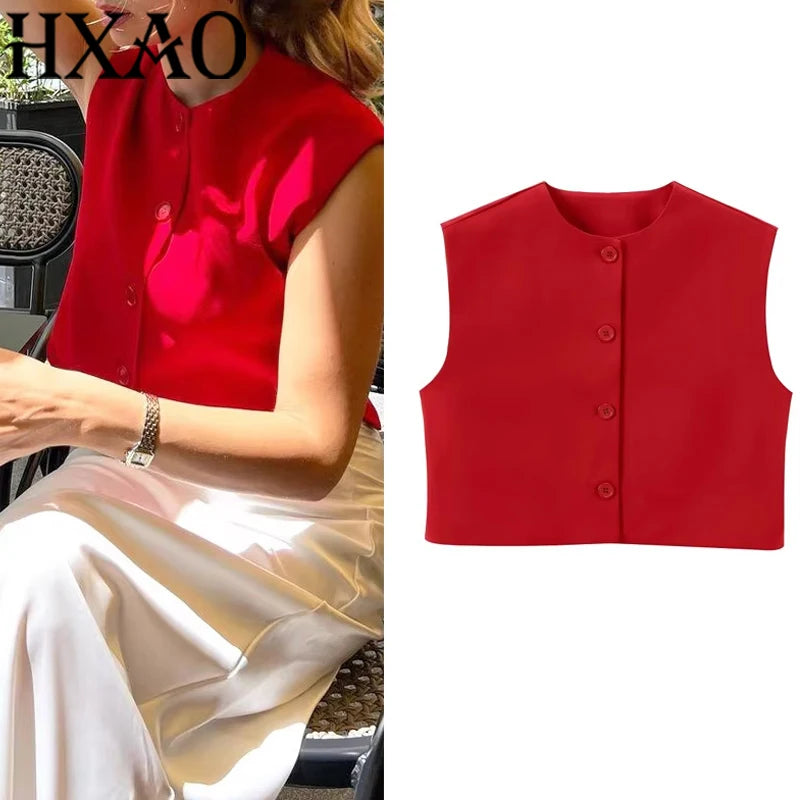 HXAO Short Women Vest Top Sleeveless Button Lady Top New In 2024 Summer O-Neck Fashion Casual Elegant Office Women Clothing