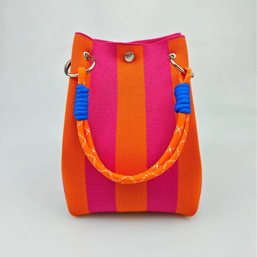Color Block Handbag Lightweight Metal Ring Handbag Knit Tote Bag Spacious Polyester Storage Bag For Shopping Casual Travel