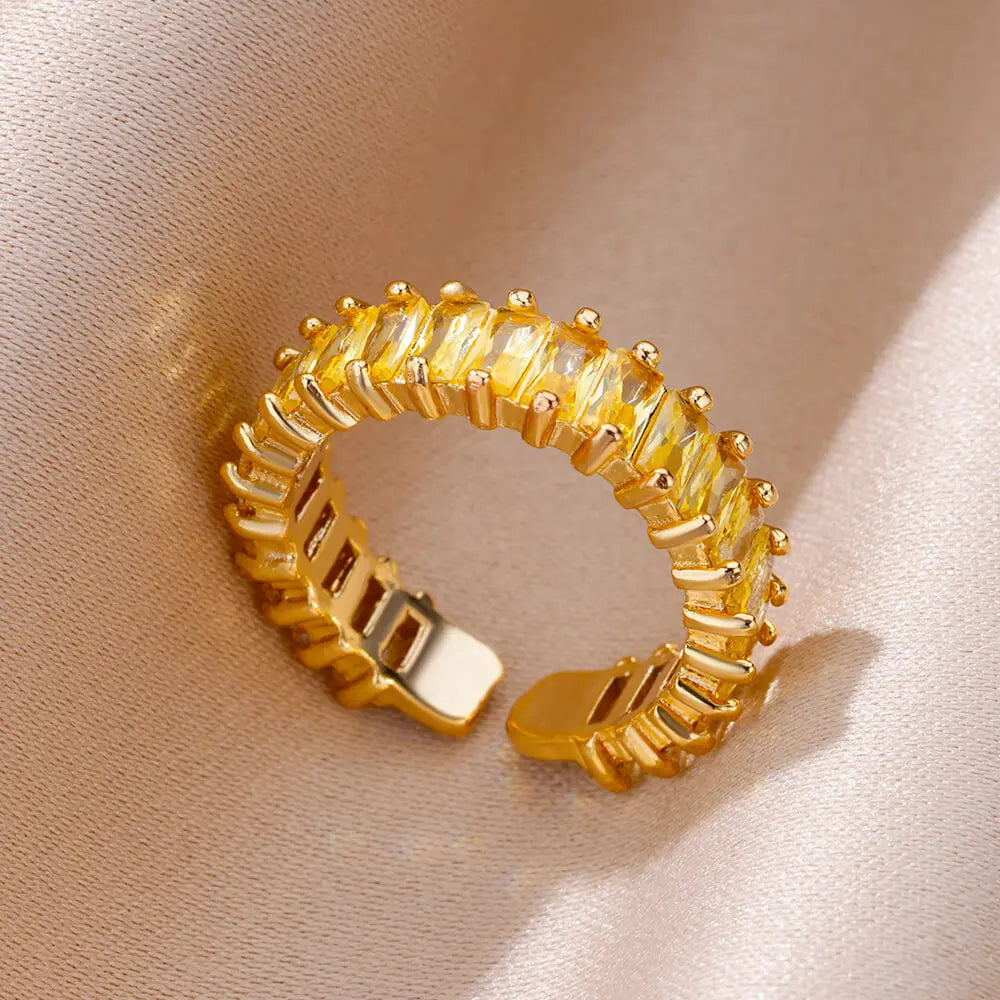 Colorful Cubic Zircon Ring for Women Stainless Steel Gold Color Open Ring Vintage Boho Wedding Party Jewelry Gift Accessories