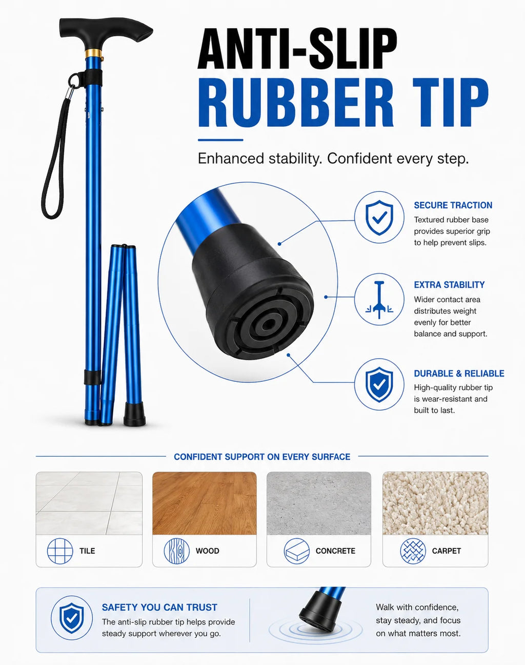 Foldable Walking Cane Adjustable Lightweight Aluminum Travel Cane T Handle Anti Slip Rubber Tip Portable Stick Senior Travel Aid