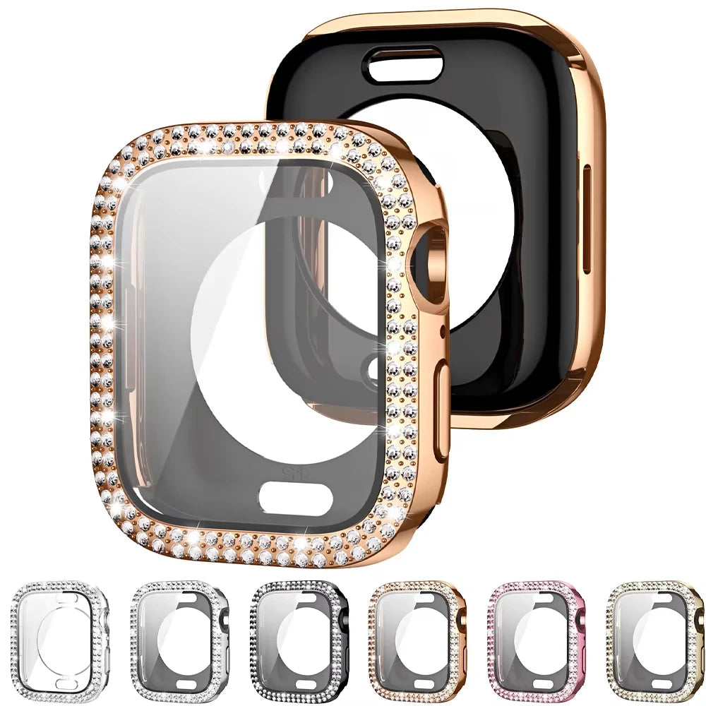 Bling Glass+Cover for Apple Watch Case 49mm 46 42 45 41 40 44mm Diamond Bumper+Screen Protector Iwatch Series 11 10 9 8 7 6 5 SE