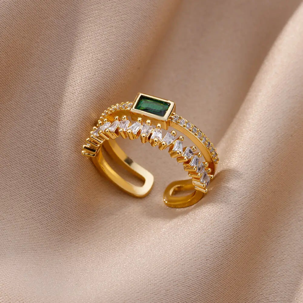 Colorful Cubic Zircon Ring for Women Stainless Steel Gold Color Open Ring Vintage Boho Wedding Party Jewelry Gift Accessories