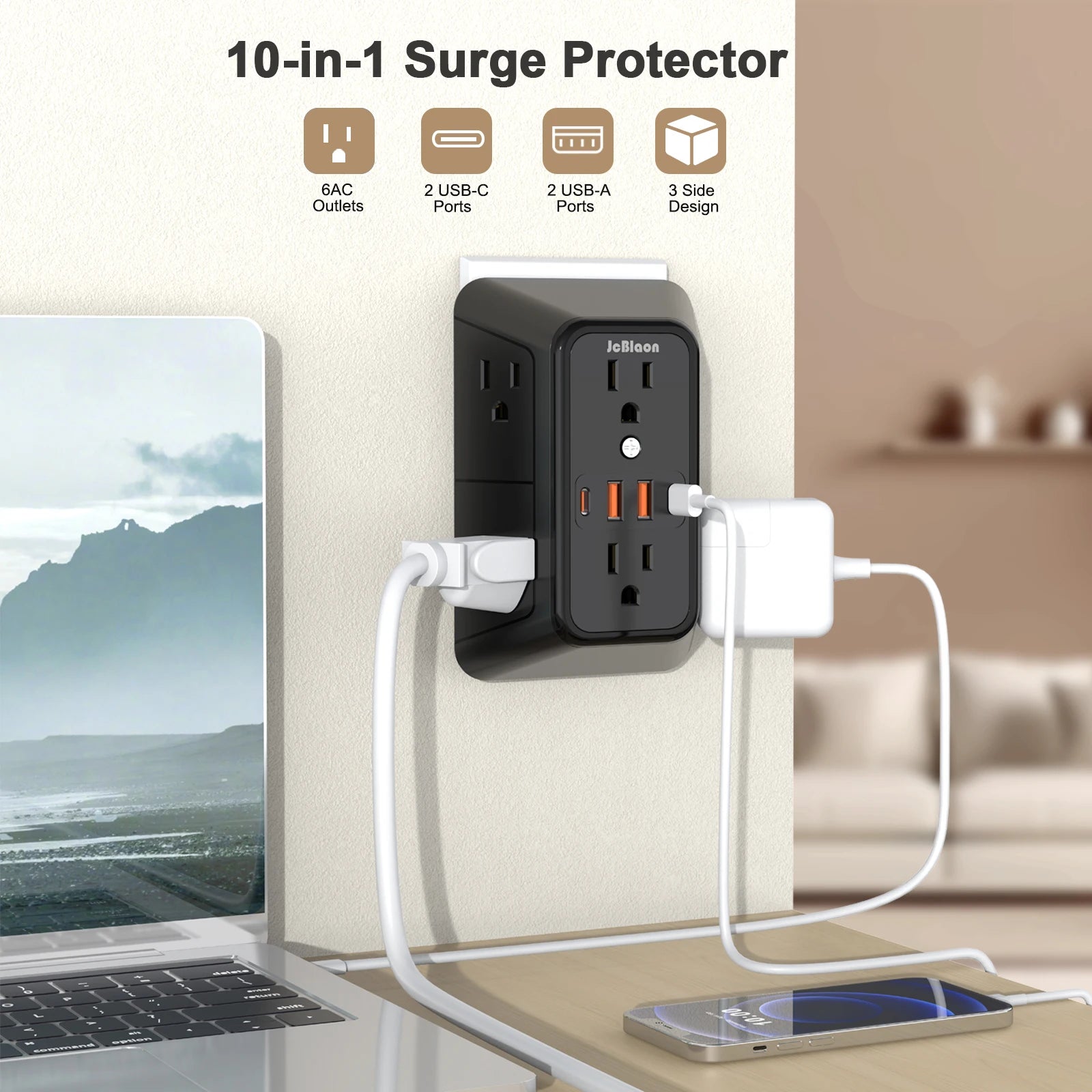 US Plug Power Strip Multitap 6 AC Outlets 2 USB 2 Type C Port Charge Electrical Socket Network Filter Fast Charging Home Office