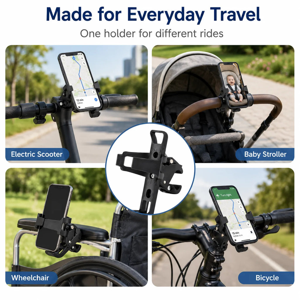 Universal Handlebar Phone Holder Adjustable Bike Scooter Stroller Wheelchair Mount Clamp Stand for 4.0-7.0 Inch Smartphones Uses