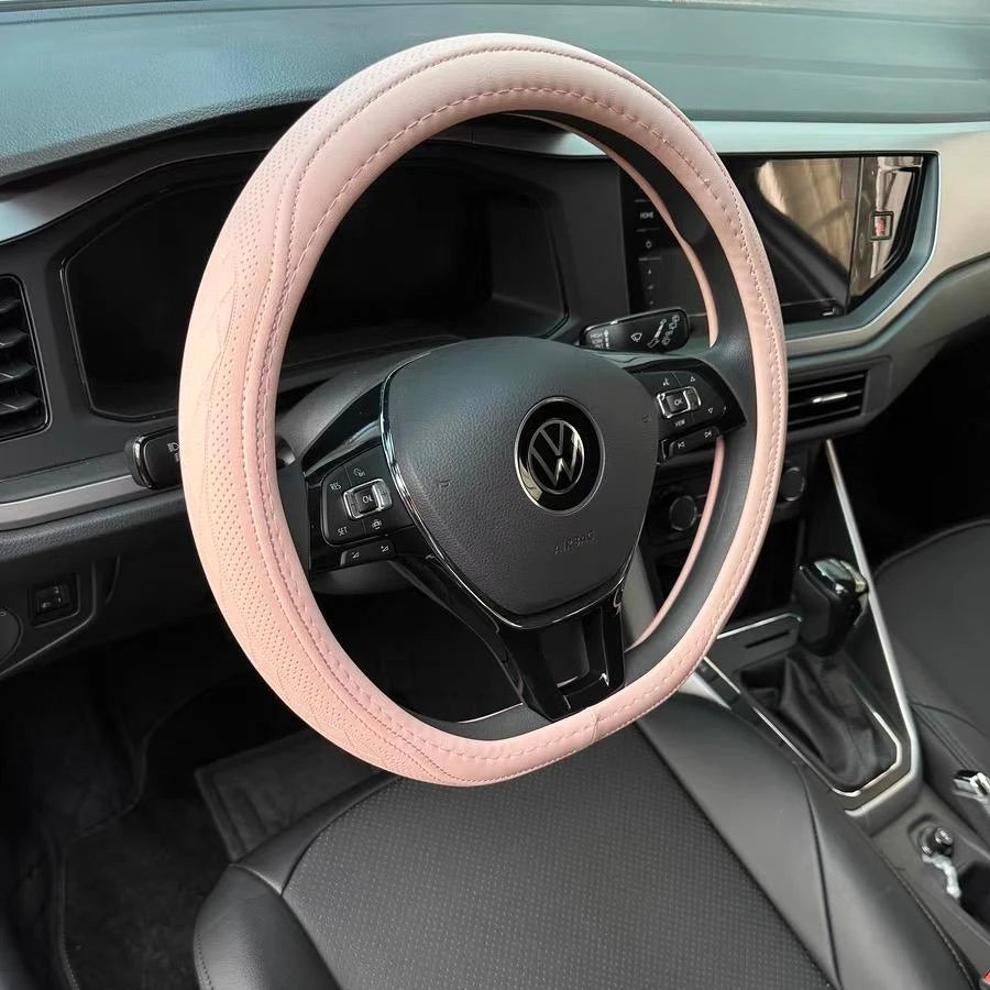 Napa Leather Perforated Patchwork Car Steering Wheel Cover, Non-slip, Breathable, Universal 15 Inch (Approx. 38cm)