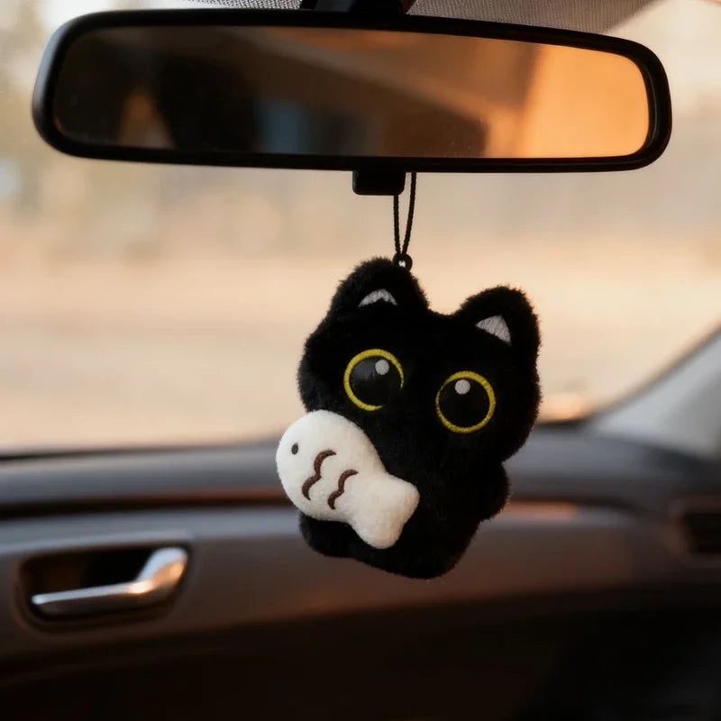 Rearview Mirror Pendant Decoration Cool Plush Black Cat Keychain Bag Pendant Charms Car Keyring Accessories for Men and Women