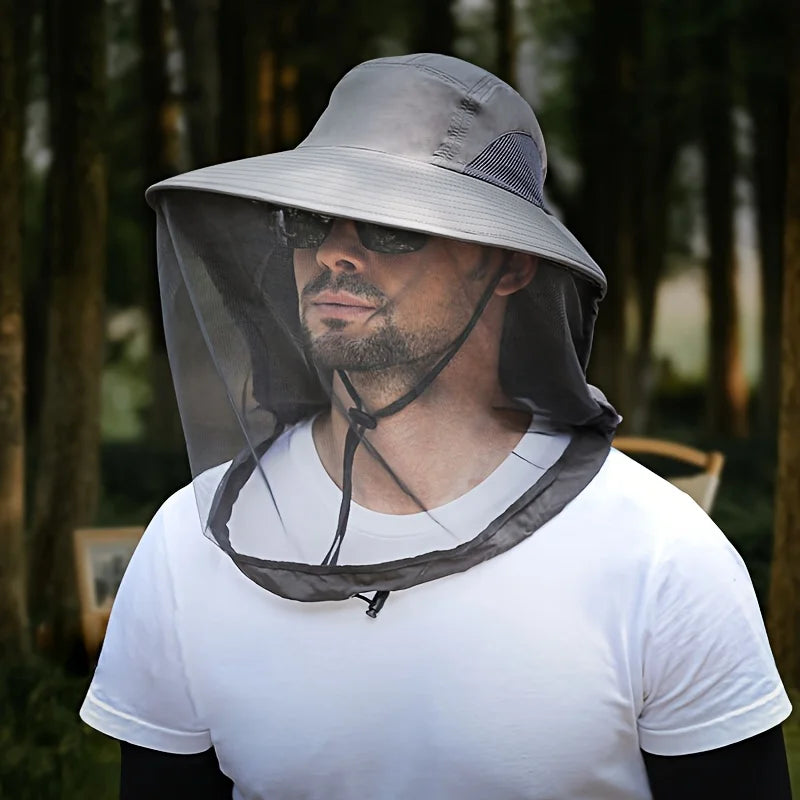 UV Protection Hat with Face Mask Breathable Insect Protection Wide Brim Fishing Hat Outdoor Sport Nature Hiking Camping Mesh Hat