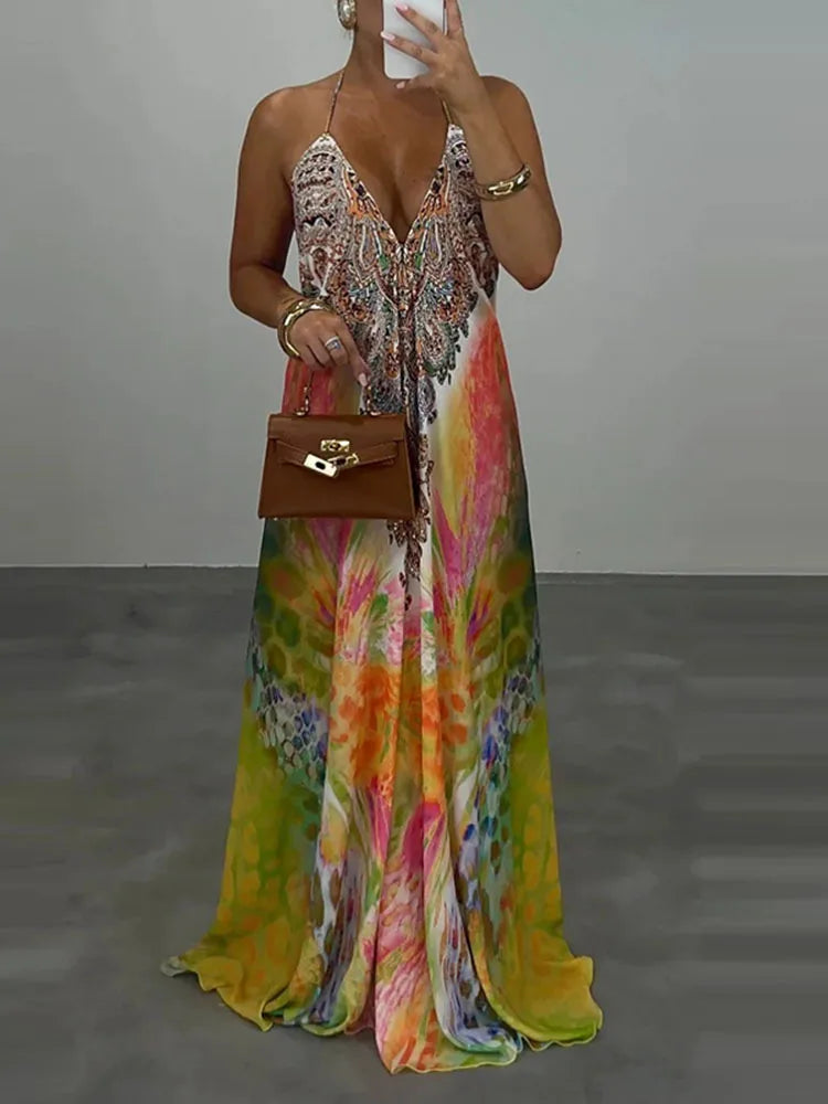 Casual High Waist Evening Party Dress Sexy V-neck Backless Sleeveless Vacation Robes Elegant Bohemian Printed Women Loose Dress