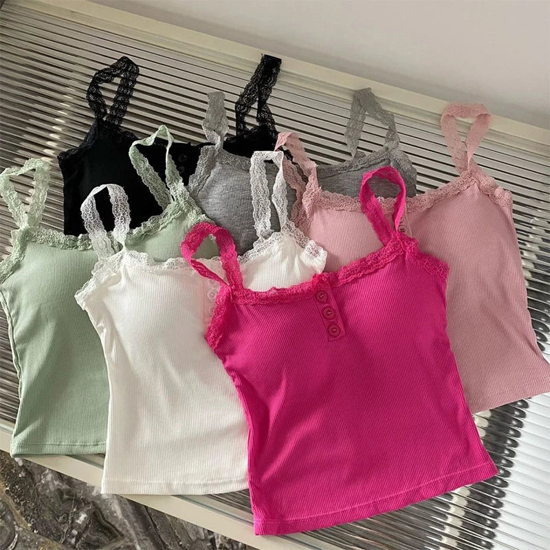 Summer Lace Strap Patchwork Camisole Women Solid Color Sleeveless Buttons Tank Top