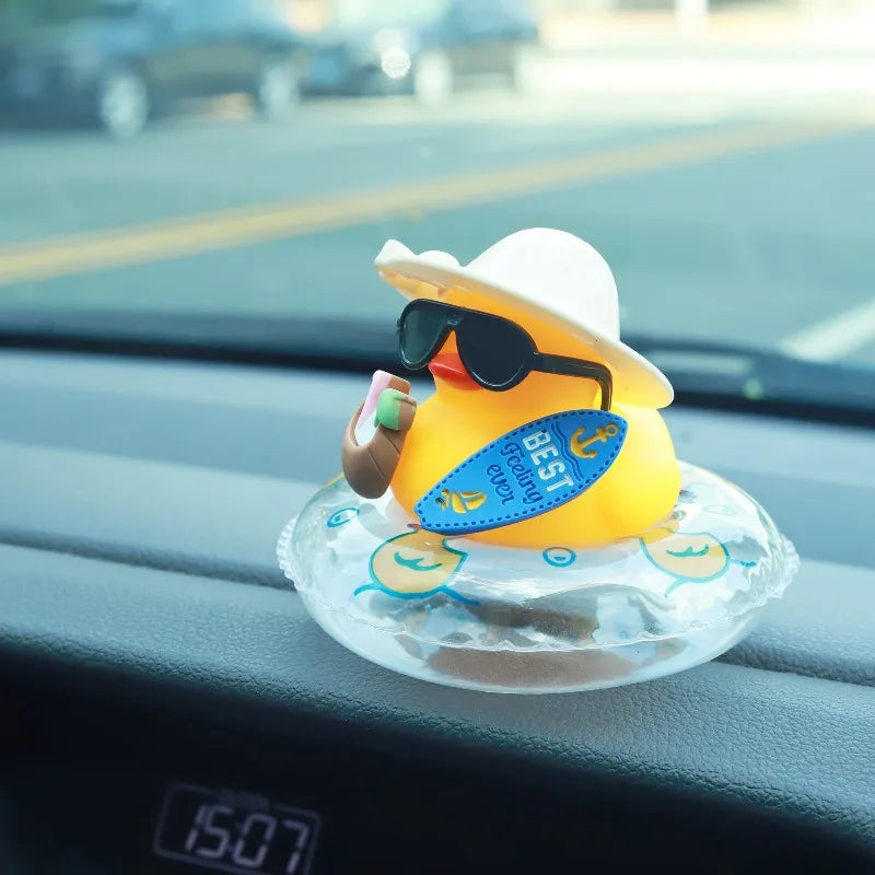 Cool Summer Duck Car Dashboard Decor, Rubber Duck with Swim Ring & Sunglasses, Cute Beach-Themed Ornament for Car Interior Gifts