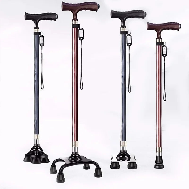 LED Light Non-Slip Elderly Walking Sticks Aluminum Alloy Multifunctional Crutch with Big Four Feet for Old Men